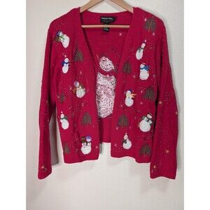 VTG Christmas Sweater L Embroidered Beaded Holiday Snowman Tree Cardigan